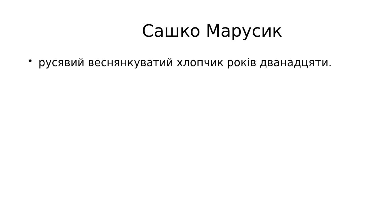 Сашко Марусик русявий веснянкуватий хлопчик років дванадцяти.