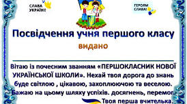 Посвідчення учня-першокласника НУШ(на 1 Вересня). Патріотичний дизайн.