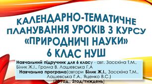 НУШ Календарно-тематичне планування "Природничі науки" 6 клас за програмою авт. Білик Ж.І.