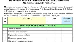 Календарно-тематичне планування навчального матеріалу  Мистецтво 6 клас (17 год) НУШ модельна навчальна програма (авт.: О. М. Івасюк, О. А. Комаровська, Г. О. Кізілова, Н. А. Лємешева)
