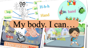 Інтерактивна анімована презентація My body. Дієслово CAN. I can sit. I can jump. Літери Cc, Vv. Говоримо, читаємо, пишемо. Багато практичних вправ.