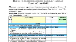 Календарно-тематичне планування «Етика», 6 клас НУШ 17 год (модельна навч. прогр. автори Пометун О.І., Ремех Т.О., Кришмарел В.Ю.)