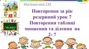 Математика 2 клас урок 135 Повторення за рік резервний урок 7 Повторення таблиці множення та ділення  на 2- 7