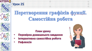 Самостійна робота. Перетворення графіків функцій f (x)→ f (x) + a; f (x)→ f (x + a); f (x)→ k∙ f (x)