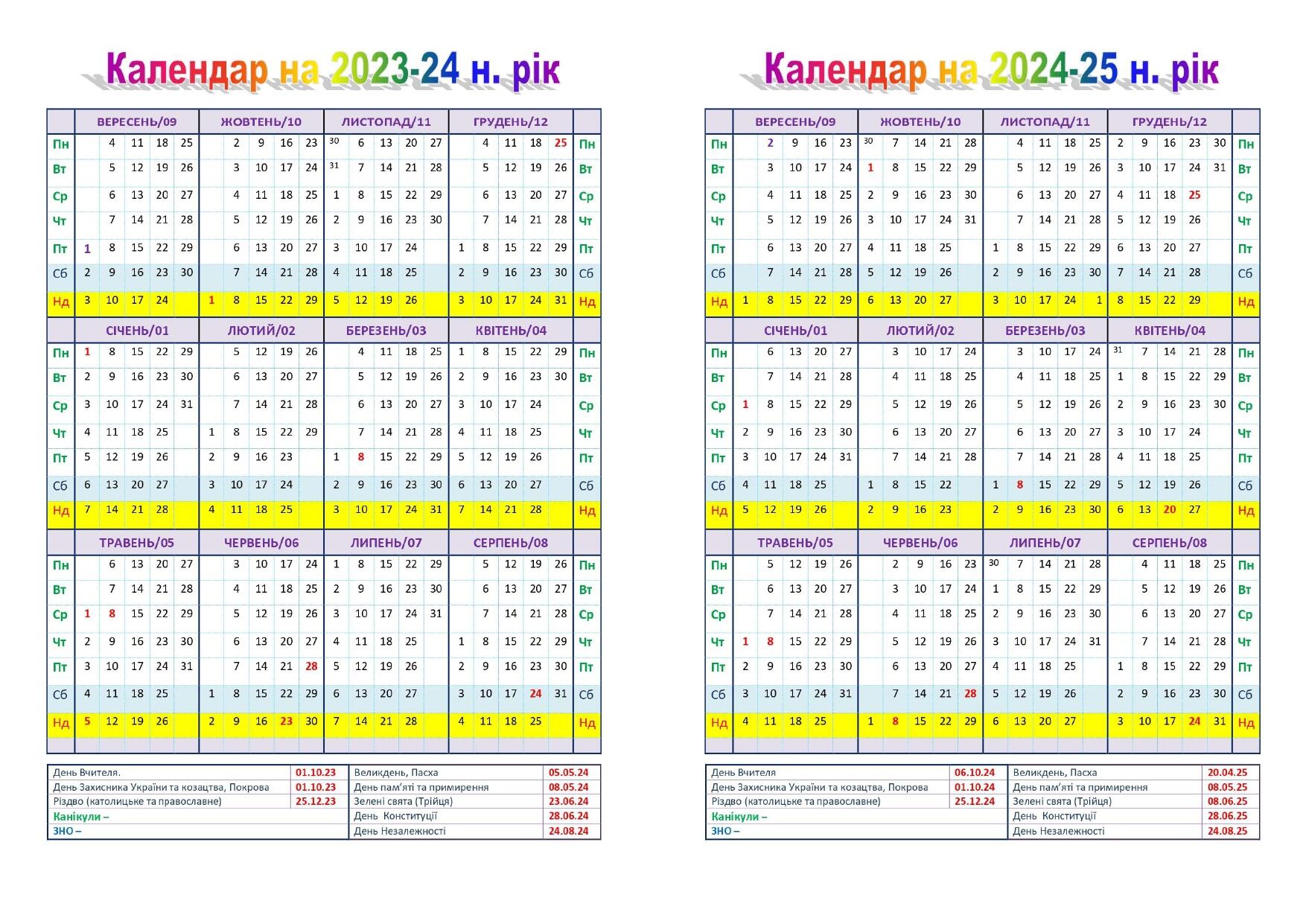 Робочий календар для вчителя на 2023-24 та 2024-25 навчальні роки ...