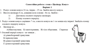 Самостійна робота "Циліндр. Конус", 11 клас
