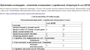 Орієнтовне календарно - тематичне планування з української літератури 6 клас (НУШ) на рік(до підручника Заболотний О.)+ навчальна програма