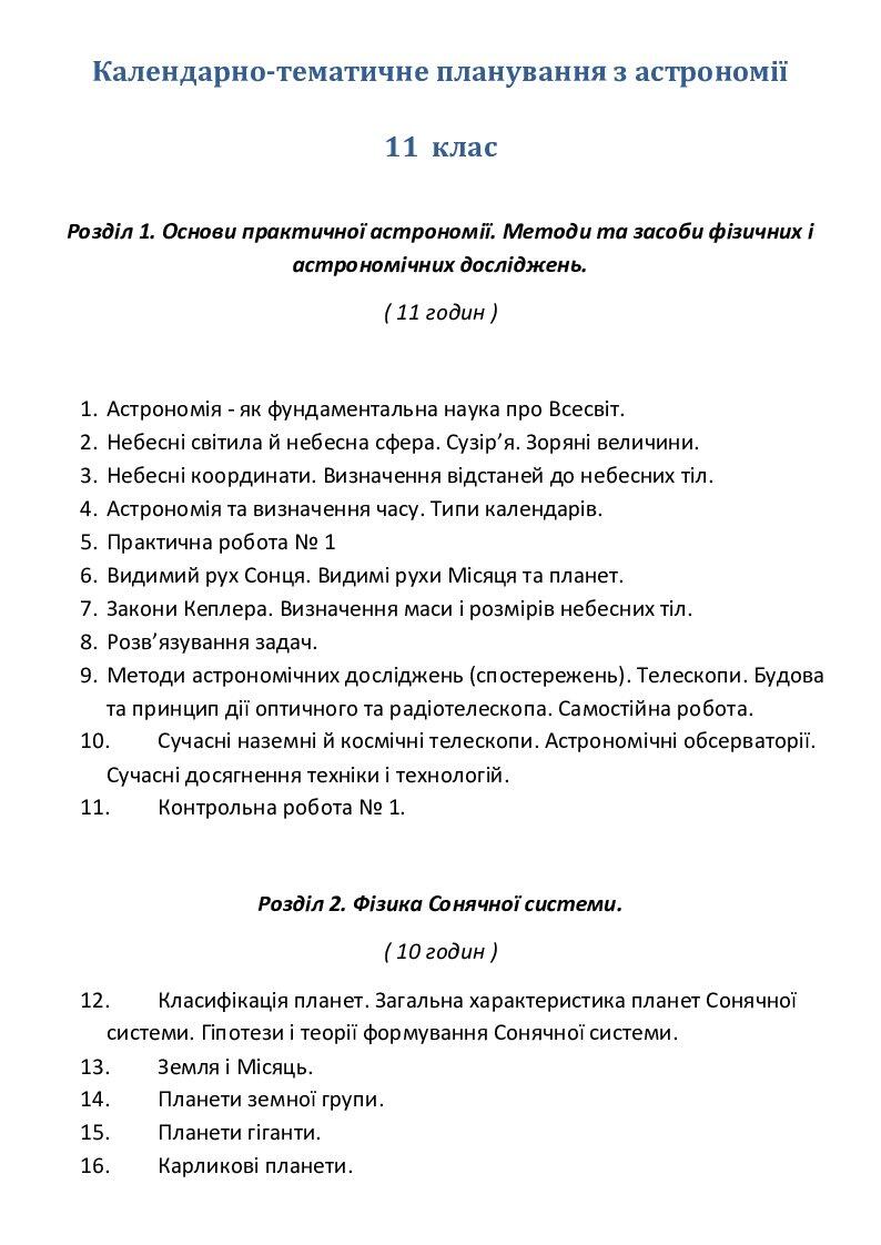 Календарно-тематичне планування з астрономії. 11 клас | КТП. Астрономія