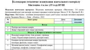 Календарно-тематичне планування "Мистецтво" 6 клас (35 год) НУШ (модельна навчальна програма авт. Масол Л. М., Просіна О. В.)