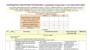 КТП+навчальна програма із зарубіжної літератури 6 клас НУШ (52,5 год.) до підручника Ковбасенко  Ю.