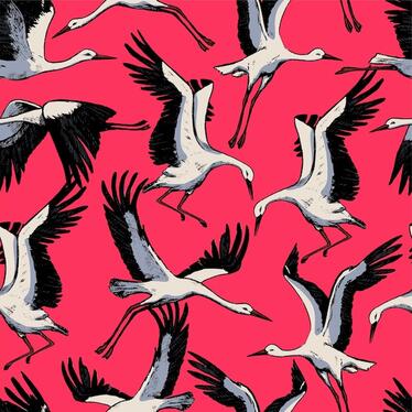 Vector hand drawn vector seamless pattern of flying storks. wild bird cranes ornament. abstract design for background, wallpaper, wrap, textile.