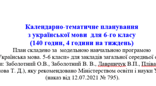 Календарно-тематичне планування з української мови для 6-го класу