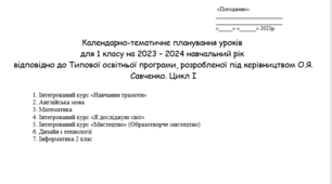 Календарно-тематичне планування уроків  для 1 класу на 2023 – 2024 навчальний рік  відповідно до Типової освітньої програми, розробленої під керівництвом О.Я. Савченко. Цикл І