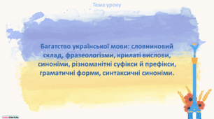 Багатство української мови: словниковий  склад, фразеологізми, крилаті вислови,  синоніми, різноманітні суфікси й префікси,  граматичні форми, синтаксичні синоніми.
