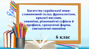Презентація "Багатство української мови: словниковий склад, фразеологізми, крилаті вислови, синоніми, різноманітні суфікси й префікси, граматичні форми, синтаксичні синоніми", 6 клас НУШ