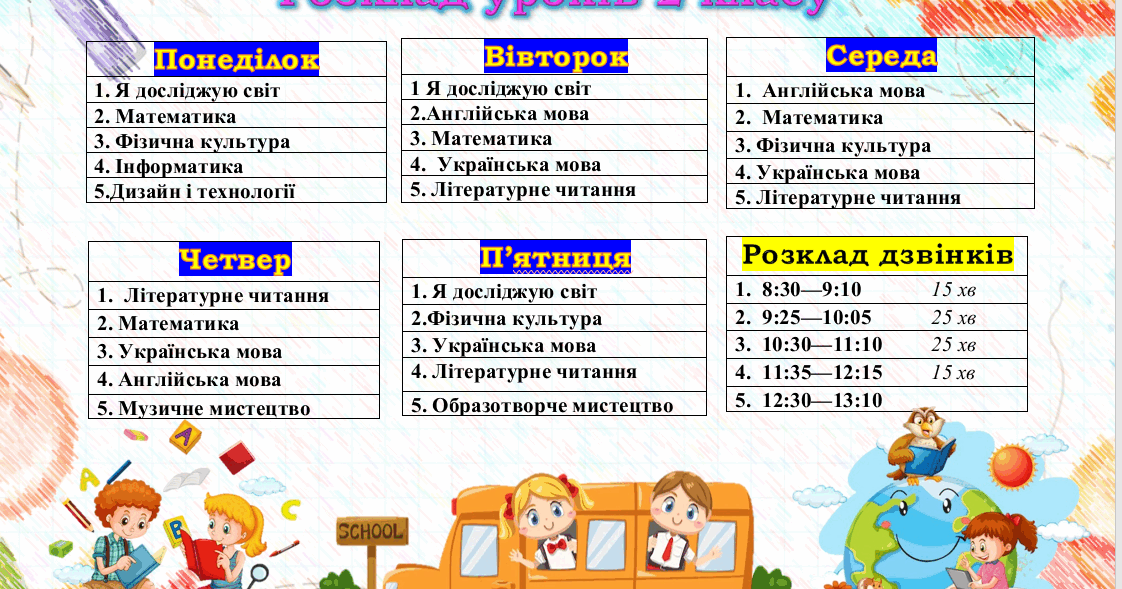 "Розклад уроків 1-4 класи" | Інші методичні матеріали. НУШ
