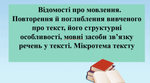 Презентація "Відомості про мовлення. Повторення й поглиблення вивченого про текст, його структурні особливості, мовні засоби зв’язку речень у тексті. Мікротема тексту", 7 клас