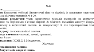 Конспект уроку для учнів 8 класу з теми: «Електронні орбіталі. Енергетичні рівні та підрівні; їх заповнення електронами в атомах хімічних елементів № 1-20.»