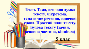 Презентація "Текст. Тема, основна думка тексту, мікротема, тематичне речення, ключові слова. Простий план тексту. Будова тексту (зачин, основна частина, кінцівка)", 5 клас. 