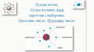 Презентація з хімії для учнів 8 класу на тему: «Будова атома. Склад атомних ядер (протони і нейтрони). Протонне число. Нуклонне число».