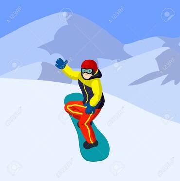 Vector Flat Cartoon Snowboarder In Mountains. Cartoon Boy On Snowboard Stock Photo, Picture and Royalty Free Image. Image 89663993.