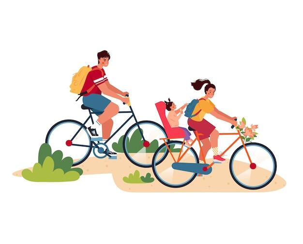 Premium Vector | Happy couple with baby go cycling and resting outdoors people relaxing in nature