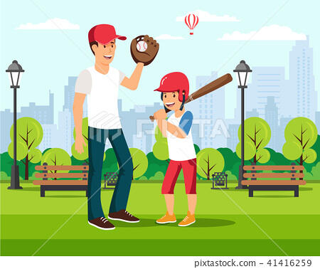 Happy cartoon father plays baseball with son - Stock Illustration [41416259] - PIXTA