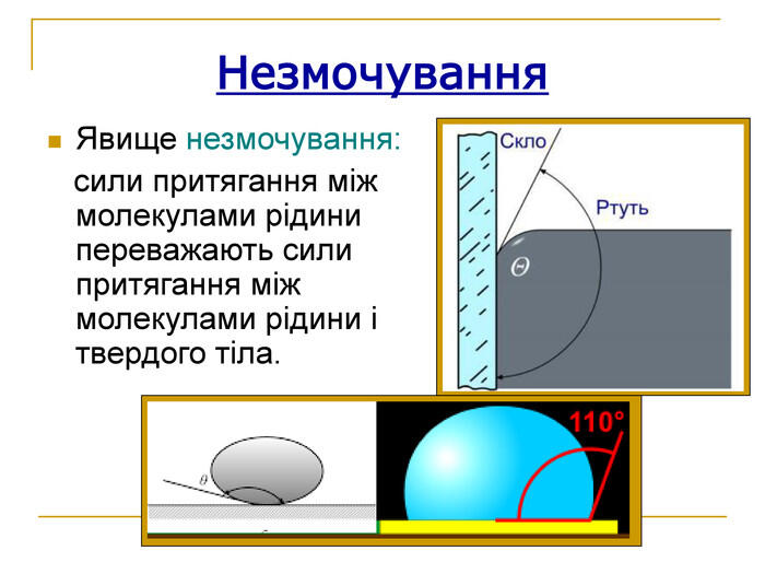 Незмочування Явище незмочування: сили притягання між молекулами рідини переважають сили притягання між молекулами рідини і твердого тіла.