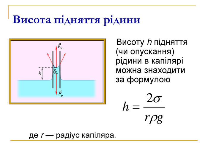 Висота підняття рідини Висоту h підняття (чи опускання) рідини в капілярі можна знаходити за формулою де r — радіус капіляра.