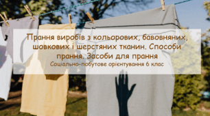 Конспект заняття "Прання виробів з кольорових, бавовняних, шовкових і шерстяних тканин. Способи прання. Засоби для прання" СПО 6 клас