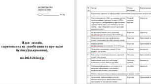 План  заходів, спрямованих на запобігання та протидію булінгу (цькуванню) у ЗДО на 2023/2024 н.р.
