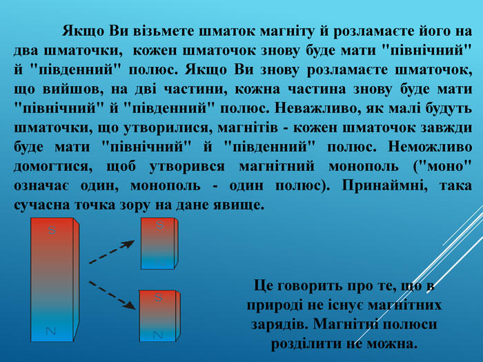 Якщо Ви візьмете шматок магніту й розламаєте його на два шматочки, кожен шматочок знову буде мати