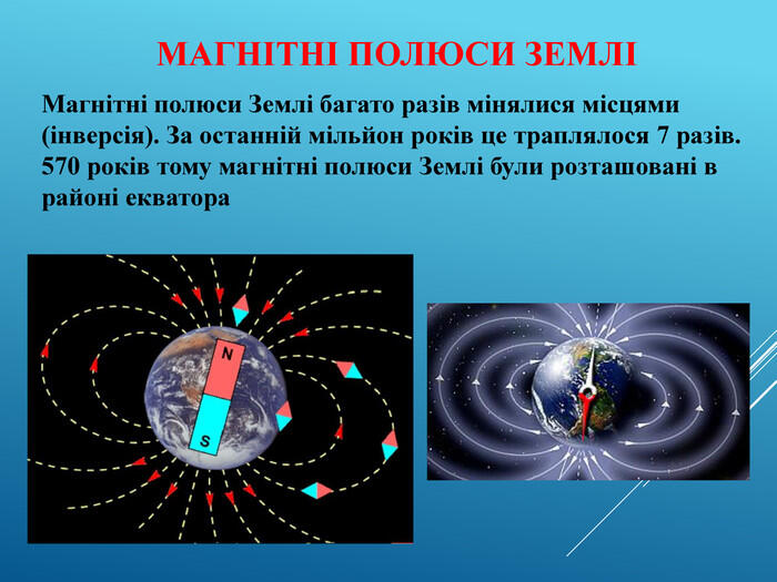 МАГНІТНІ ПОЛЮСИ ЗЕМЛІ Магнітні полюси Землі багато разів мінялися місцями (інверсія). За останній мільйон років це траплялося 7 разів. 570 років тому магнітні полюси Землі були розташовані в районі екватора