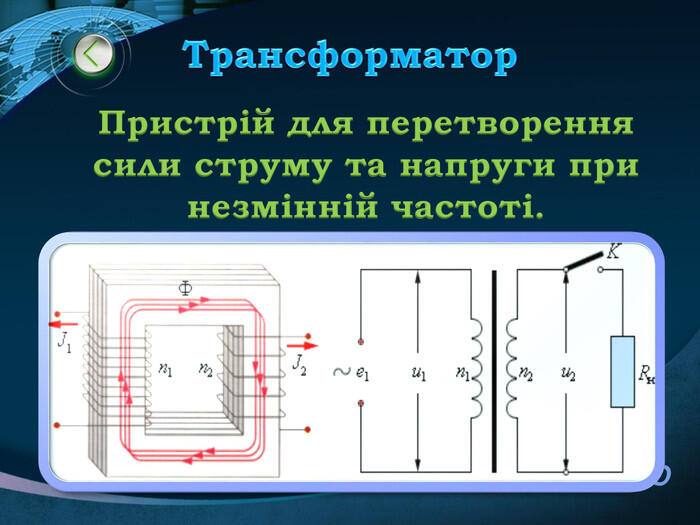 Трансформатор. Пристрій для перетворення сили струму та напруги при незмінній частоті.