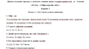 Діагностична робота 6 клас «Вступ», «Міфи народів світу».