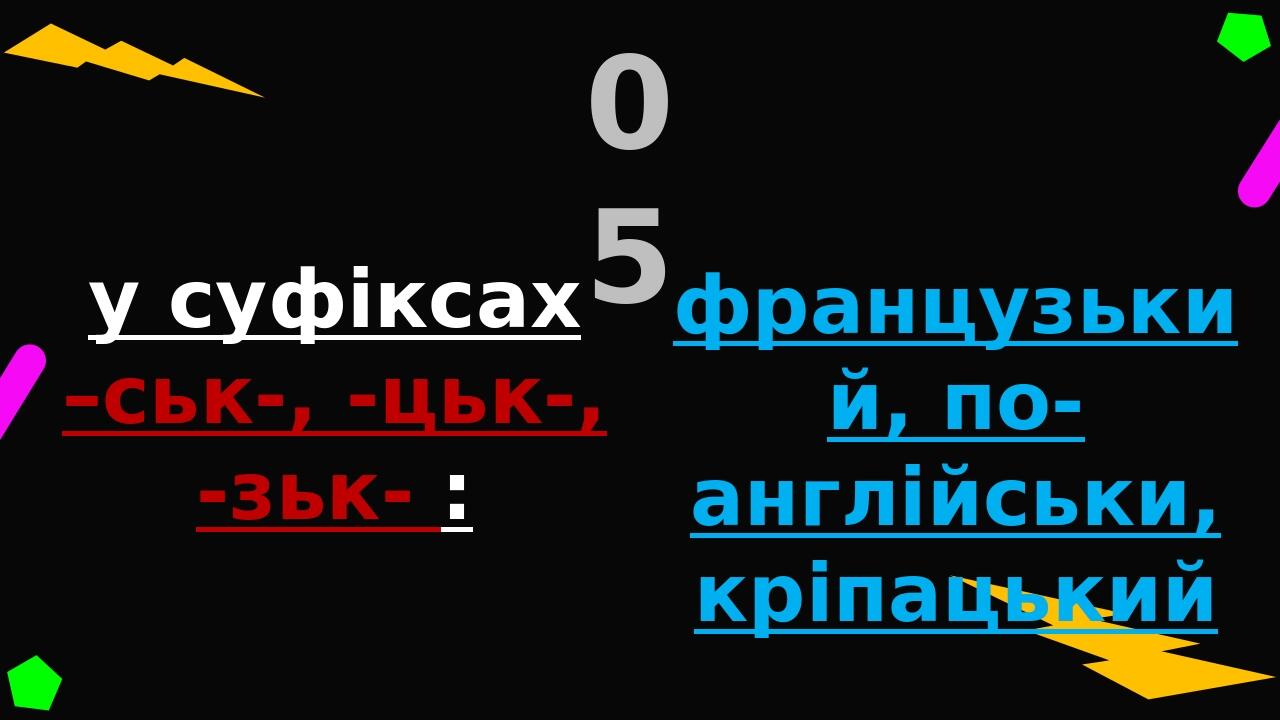 у суфіксах –ськ-, -цьк-, -зьк- : Де Ти З’їСи ці ЛиНи «Нам треба добре запам’ятати ці сім літер» 05 французький, по-англійськи, кріпацький Слід запа...