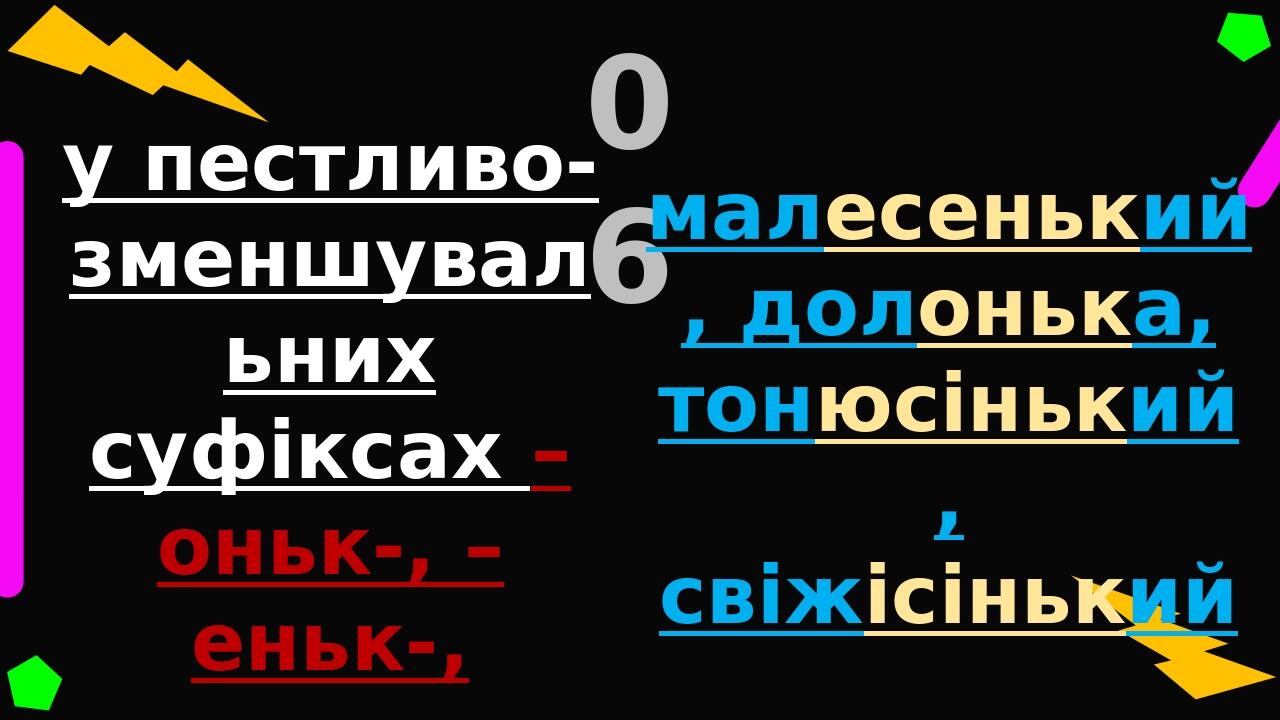 у пестливо-зменшувальних суфіксах –оньк-, –еньк-, есеньк-, -ісіньк-, -юсіньк-: 06 малесенький, долонька, тонюсінький, свіжісінький після л навіть п...