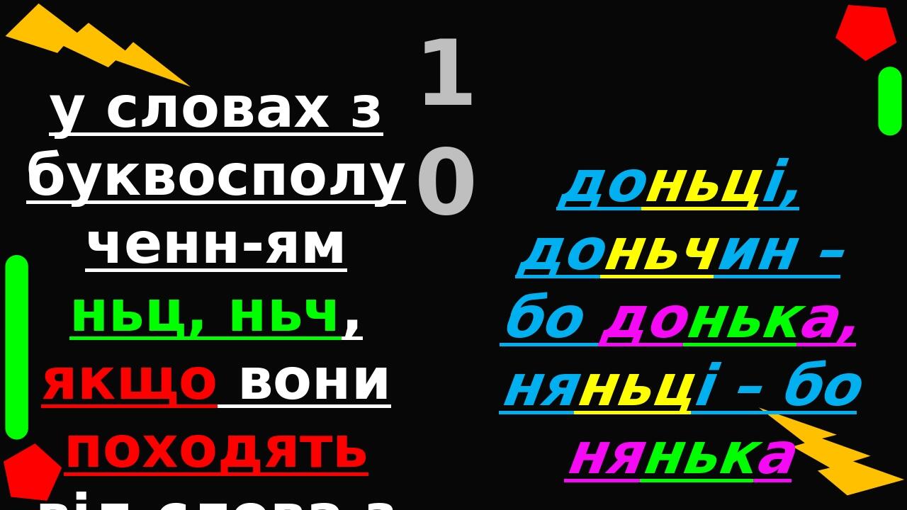 у словах з буквосполученн-ям ньц, ньч, якщо вони походять від слова з ньк: 10 доньці, доньчин – бо донька, няньці – бо нянька Трохи узагальнимо отр...