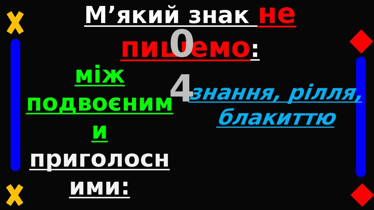 М’який знак не пишемо: 04 між подвоєними приголосними: знання, рілля, блакиттю у словах з буквосполученнях лц, лч, якщо вони похідні від слова з лк...