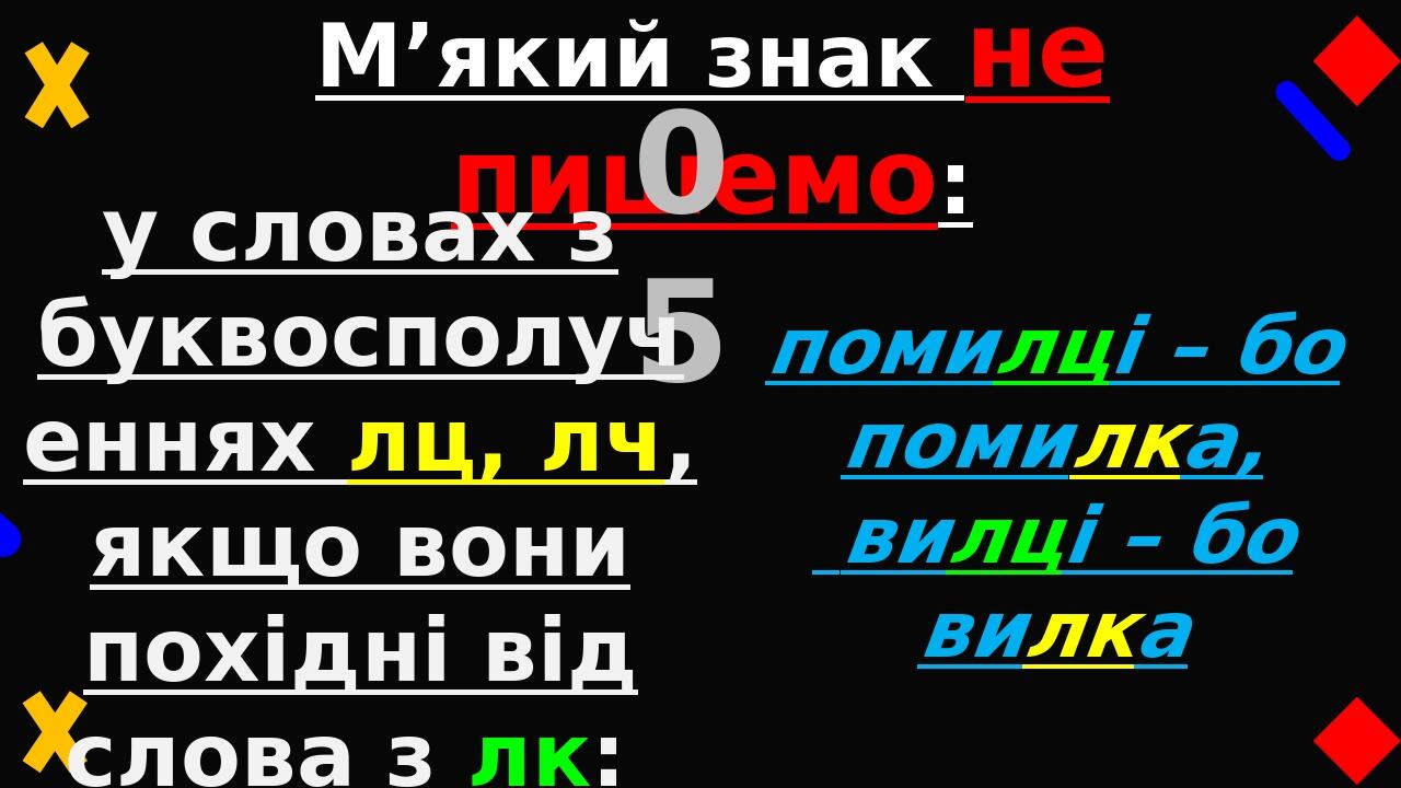 М’який знак не пишемо: 05 у словах з буквосполученнях лц, лч, якщо вони похідні від слова з лк: помилці – бо помилка, вилці – бо вилка сторінці – б...
