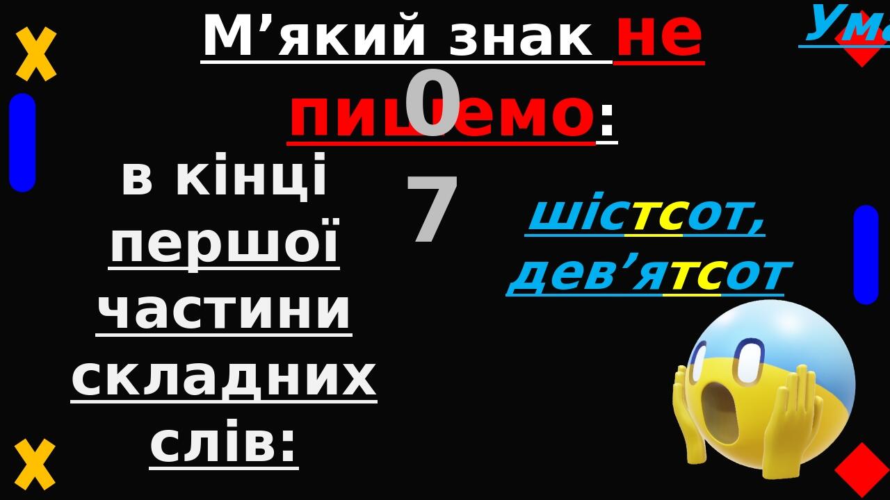 М’який знак не пишемо: 07 в кінці першої частини складних слів: шістсот, дев’ятсот після н перед шиплячими: тонше, кінчик, менший, Уманщина