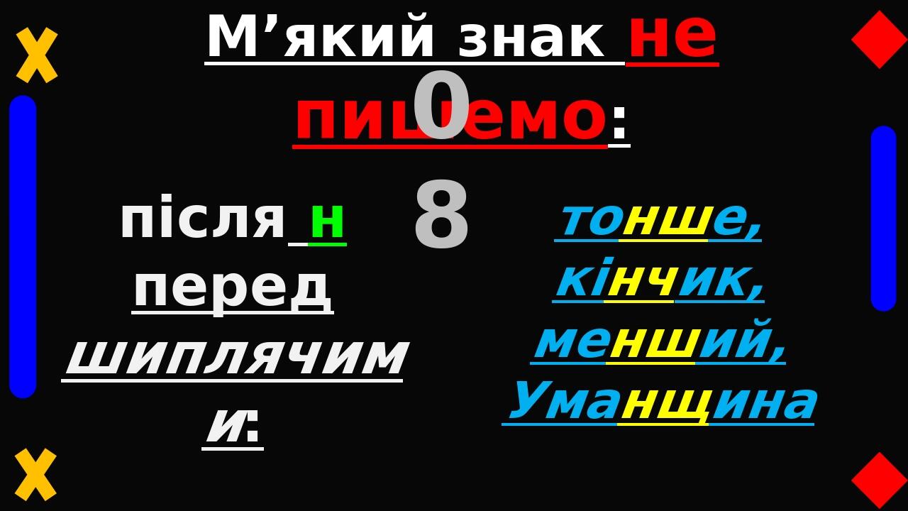 М’який знак не пишемо: 08 після н перед шиплячими: тонше, кінчик, менший, Уманщина після ц у вигуках і у словах іншомовного походження: бац, туц, б...