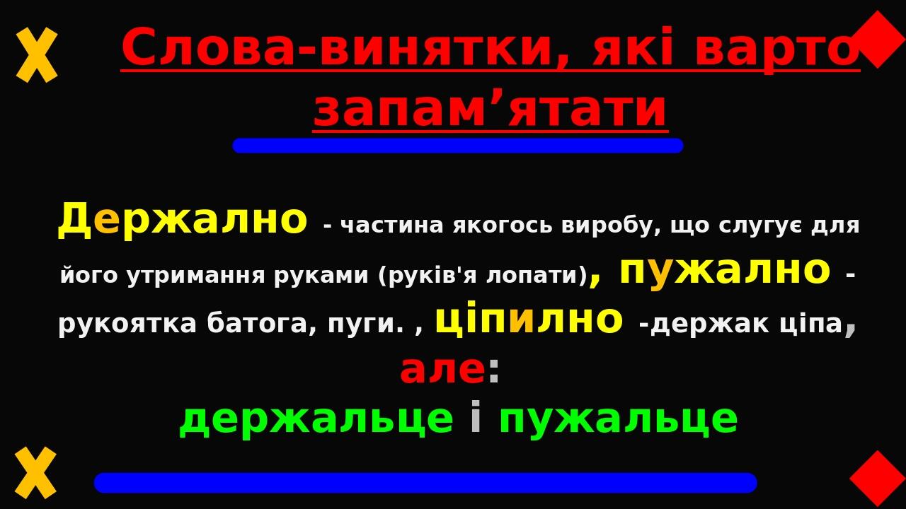 Слова-винятки, які варто запам’ятати Держално - частина якогось виробу, що слугує для його утримання руками (руків'я лопати), пужално -рукоятка бат...