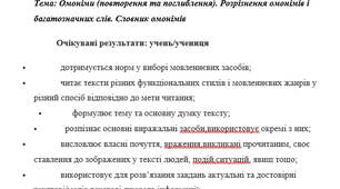 План-конспект на тему: "Омоніми (повторення та поглиблення). Розрізнення омонімів і багатозначних слів. Словник омонімів "