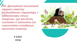 РМ № 5. Докладний письмовий переказ тексту розповідного характеру з елементами опису тварини, що містить синоніми й антоніми (за самостійно складеним простим планом).