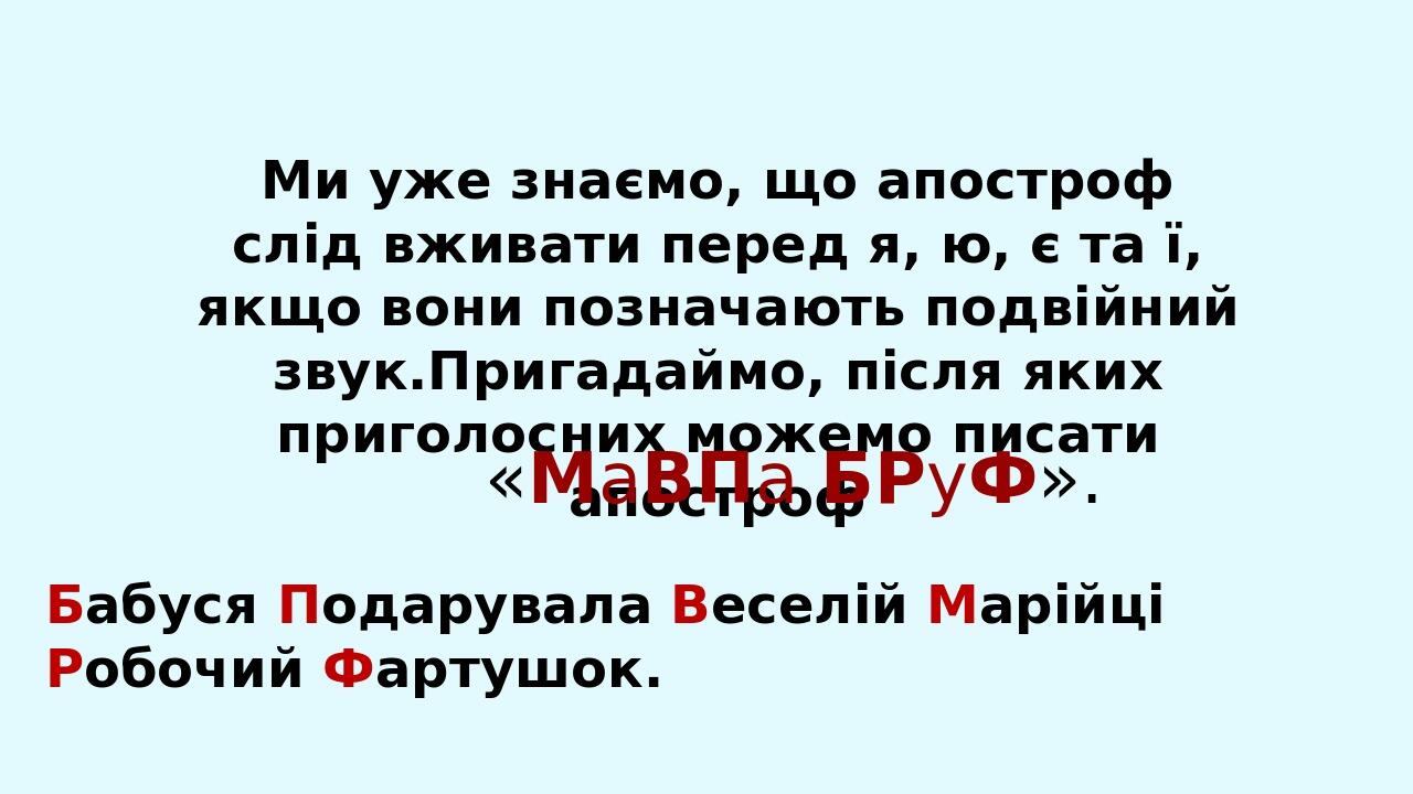 Ми уже знаємо, що апостроф слід вживати перед я, ю, є та ї, якщо вони позначають подвійний звук.Пригадаймо, після яких приголосних можемо писати ап...