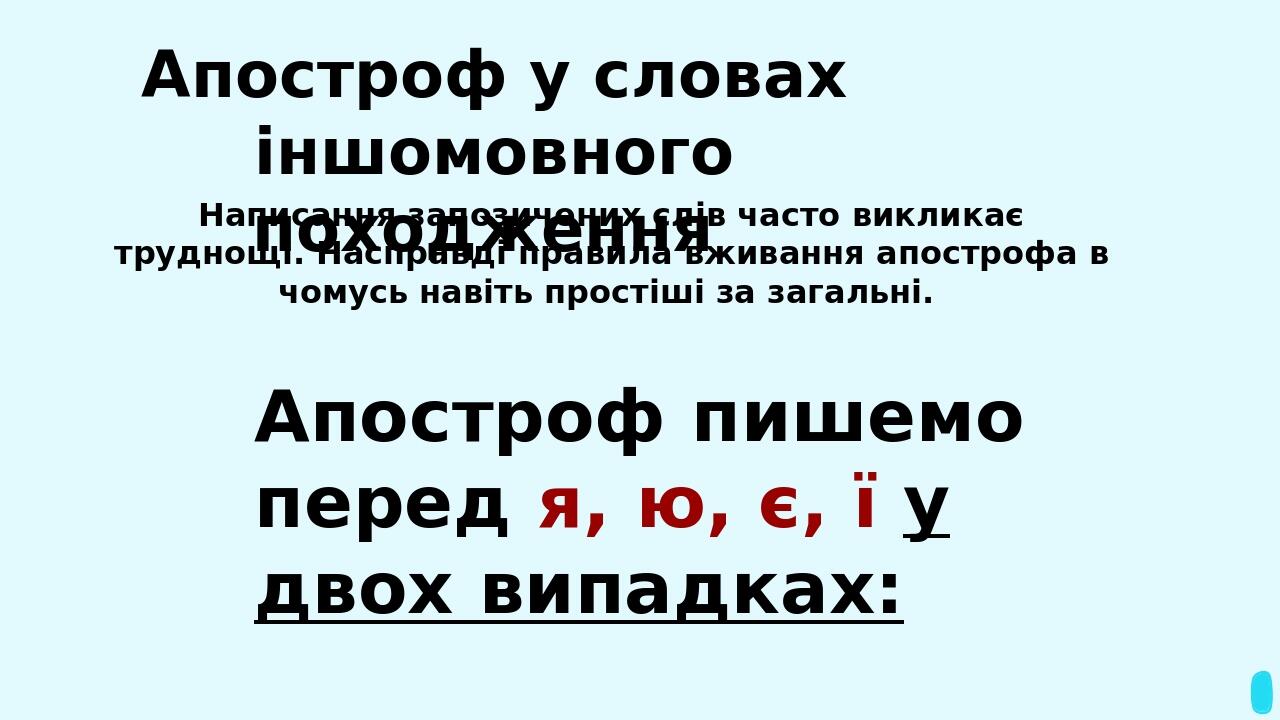 Апостроф у словах іншомовного походження Написання запозичених слів часто викликає труднощі. Насправді правила вживання апострофа в чомусь навіть п...