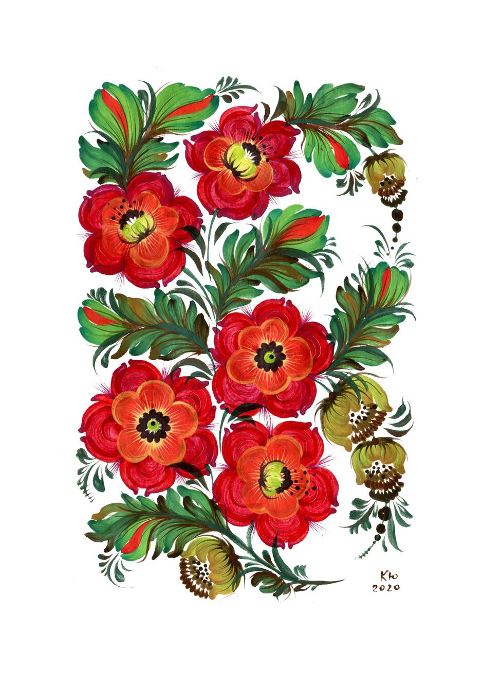 Мальвы. Петриковская роспись. Автор Kateryna Gneusheva | Drawings, Flowers, Rooster