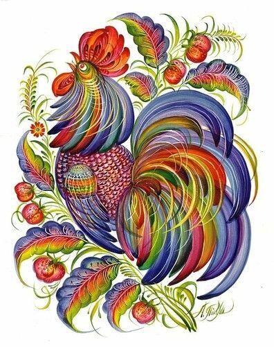 Петриківський розпис "Півник - символ нового року" | Folk art painting, Rooster art, Bird art