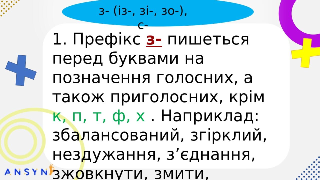 пре-, при-, прі- БЕЗ-, РОЗ-, ЧЕРЕЗ- та ін. з- (із-, зі-, зо-), с- 1. Префікс з- пишеться перед буквами на позначення голосних, а також приголосних,...